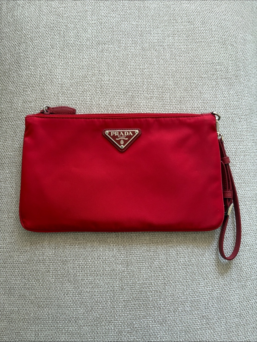 Prada Red Nylon Wristlet Clutch with Logo Plaque
